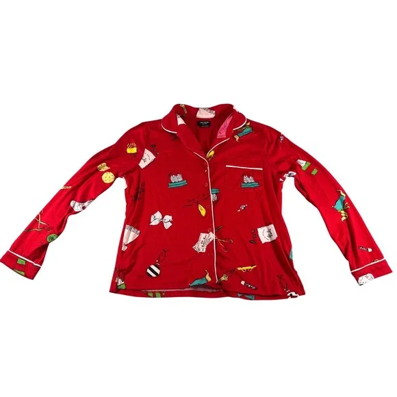 Kate Spade Red Things We Love Holiday Pajama‎ Top Long Sleeve Button Down Small