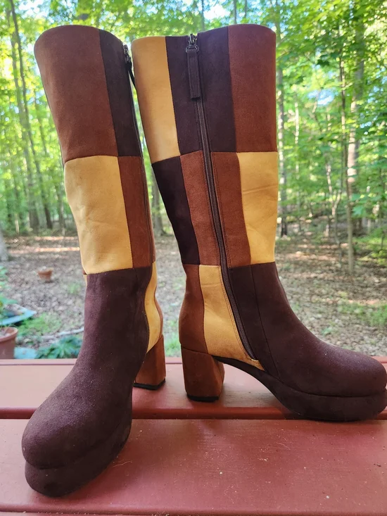 Patchwork Brown Vegan Suede Platform Knee Boots