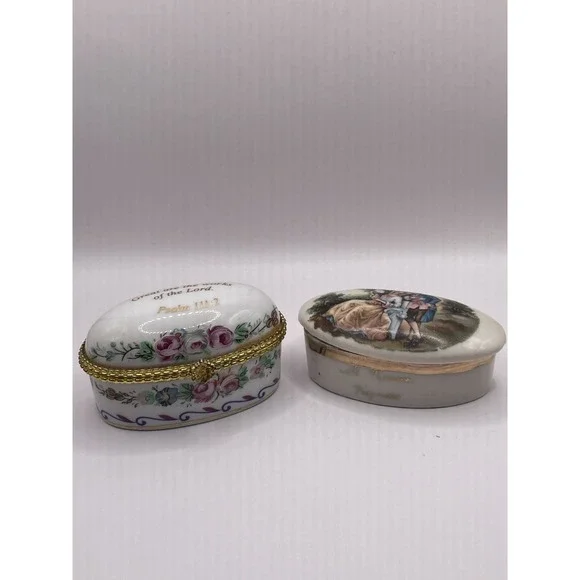 Box Lot of 2 Vintage Porcelain Top Painted‎ Hinged Trinket Pill Boxes Stash Box