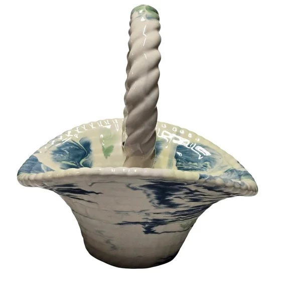Vintage Signed Ceramic Marbled Blue Green Swirl Woven Basket Twisted Handle