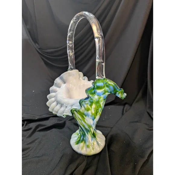 Fenton Murrhina Blue Green Aventurine Glass Handle Ruffle Basket 11