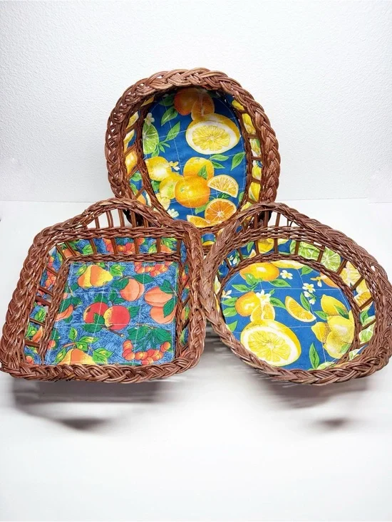 Vintage Rattan Lined Fruit Bread Baskets Lemon Orange Peach Pear