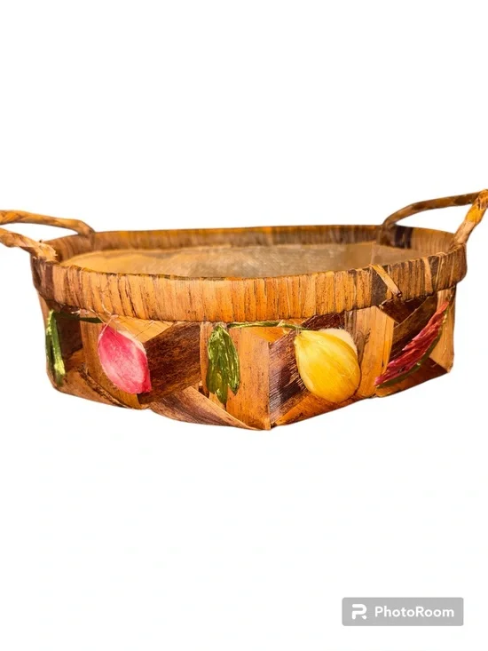 Vintage Woven Straw Basket with 3D Raffia Tulip Flowers Boho Cottagecore 70s