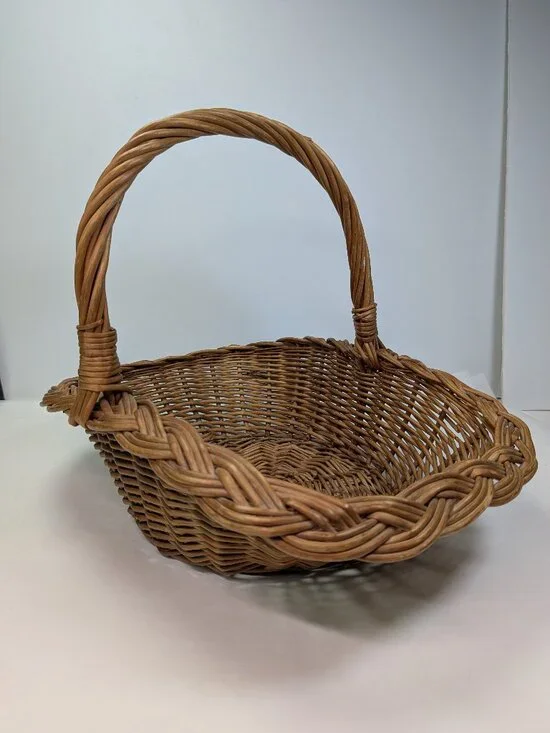 VTG Woven Wicker Basket Braided Rim Overhead Arch Handle Scoop Gathering Trug