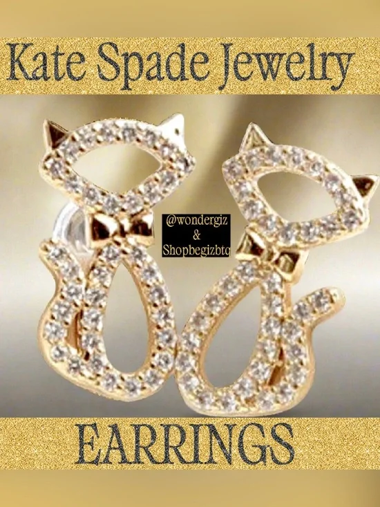 Authentic Kate Spade Jazz Things Up Pave Cat Gold And Pave Crystals Stud Earring