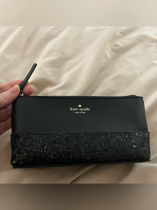 Kate Spade New York Black Saffiano Leather Glitter Makeup Bag Cosmetic Pouch Zip
