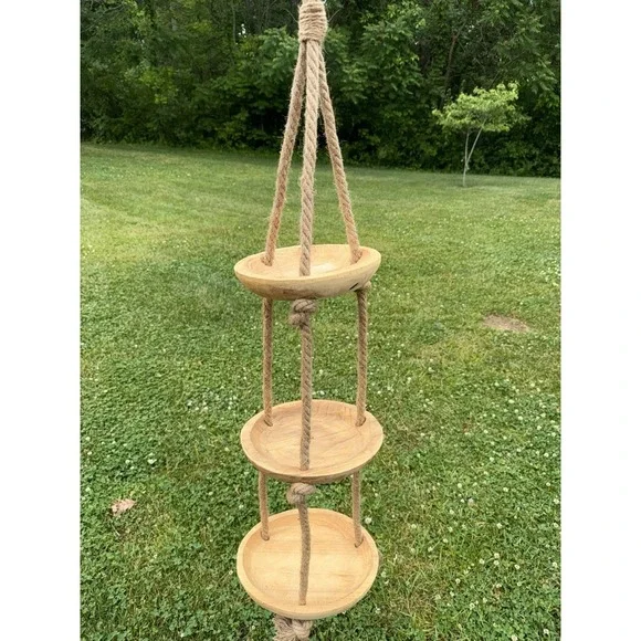 Rustic 3 Tier Wood Hanging Plant Stand Boho Jute Rope Fruit Basket Planter Tray