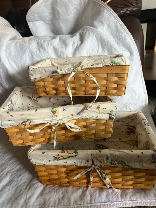 Natural Woven Rectangular Storage Baskets with Classic Pooh Liners (Set of 3)