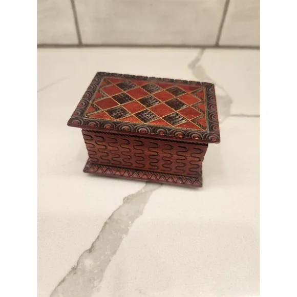 Vintage Wooden Hand Carved Polish Trinket Jewelry Storage Box Made In Poland
