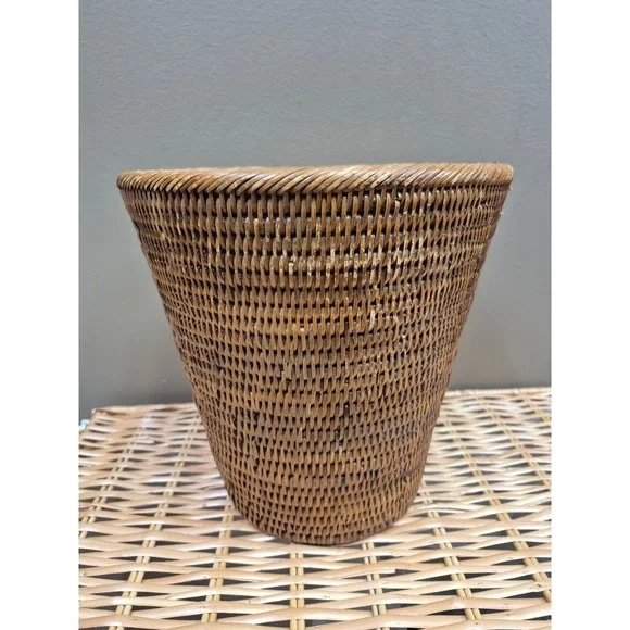 Vintage Handwoven Rattan Wicker Wastebasket 11