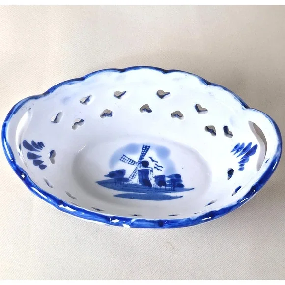 Vintage Delft Style Blue White Ceramic Basket Windmill Punched Hearts Hand Paint