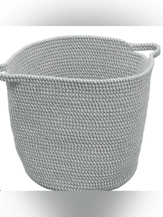 Edison Collection Light Gray / White Woven Cotton Storage Basket with Handles