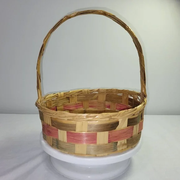 Vintage Woven Easter Basket Round Splint Wood Pink Green Accent Handle