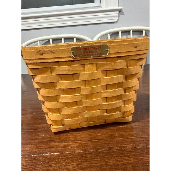 Longaberger 1999 Edition Dresden Tour Basket Wood Swing Handle Metal Plaque Hand