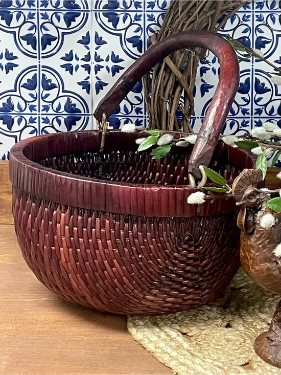 Vintage Chinese Lacquered Woven Harvest Basket Wooden Handle Asian Rustic Decor