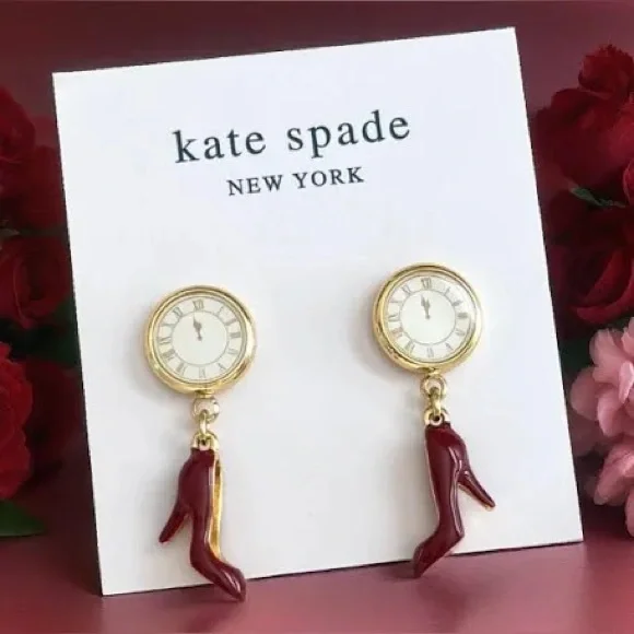 Authentic New/card kate spade Gold Clock Face Earrings with Burgundy High Heel