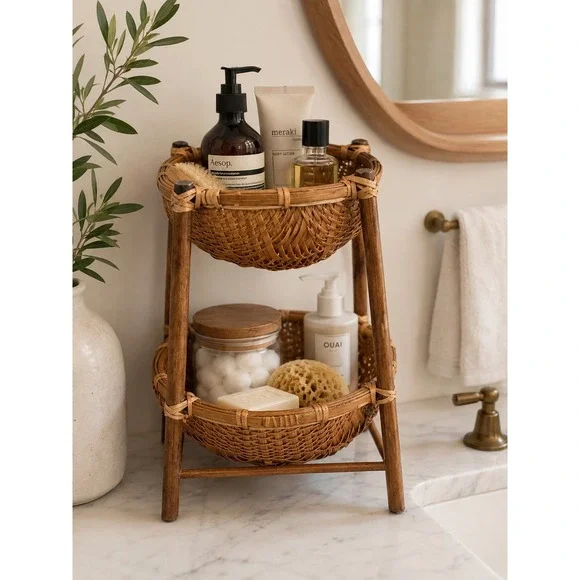 Vintage 2 Tier Woven Bamboo Wicker Basket Natural Boho Countertop Organizer