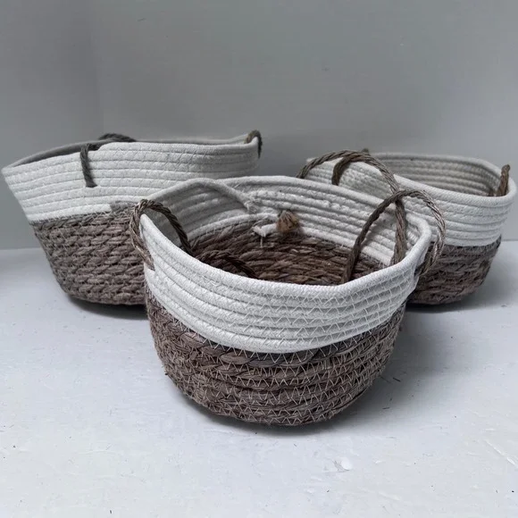 Set‎ of 3 Woven Hanging Baskets White Brown Cotton Rope Seagrass Boho Decor READ