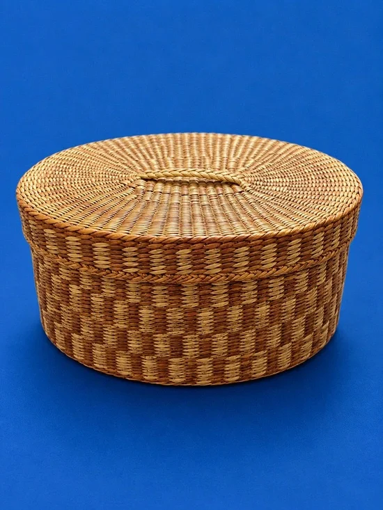 Vintage Handwoven Lidded Basket – Red & Natural Woven Storage Basket Boho Decor