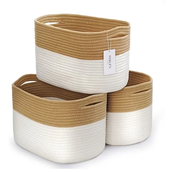 Cotton Rope Basket Two-Tone  Baskets in Tan and White