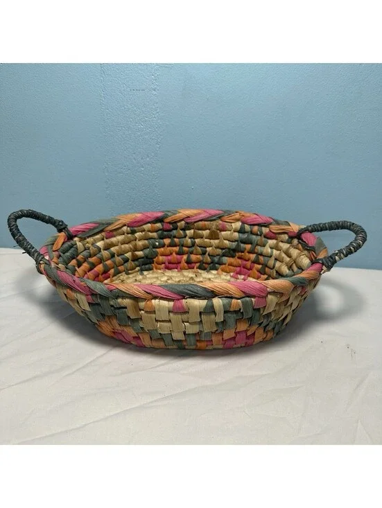 Vintage Hand Woven Oval Seagrass Basket Bowl Boho Two Handles Pink Teal Orange