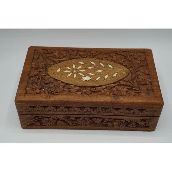 Vintage Carved Wood Jewelry Box Shell Inlay Floral Hinged Trinket Box India 8x5