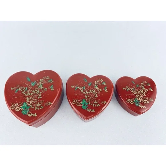 Vintage Red Nesting Heart Trinket Boxes Hong Kong - Plastic Floral Flowers Set 3
