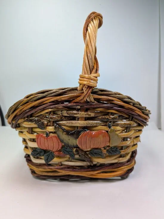 Vintage Fall Harvest Woven Basket Pumpkins Cornucopia Decor Overhead Handle