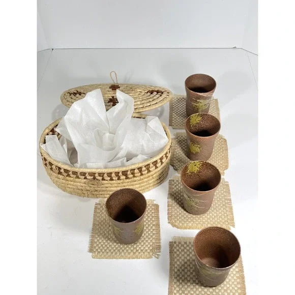 Asian Tea Sewing Basket + 5 Handmade Stoneware Teacups + Coasters vintage unique