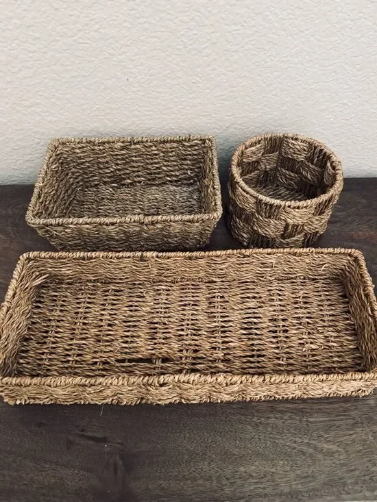 3-pc Tan Woven Storage Organizer Tray Baskets