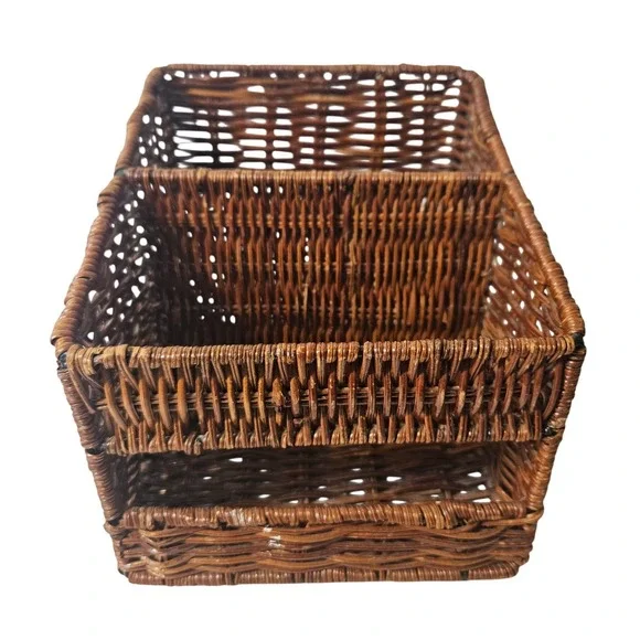Vintage Brown Wicker Desk Organizer 2-Compartment Woven Mail Sort Basket Rustic