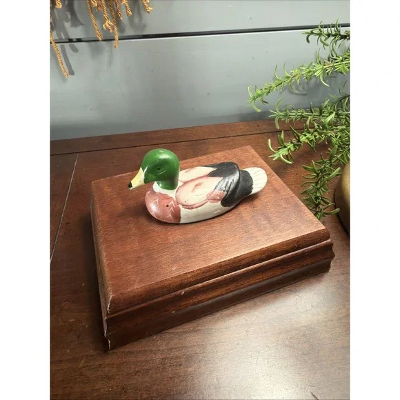 Vintage Mallard Duck Wooden Box Card Holder W/ 2  Original Mallard Card Decks
