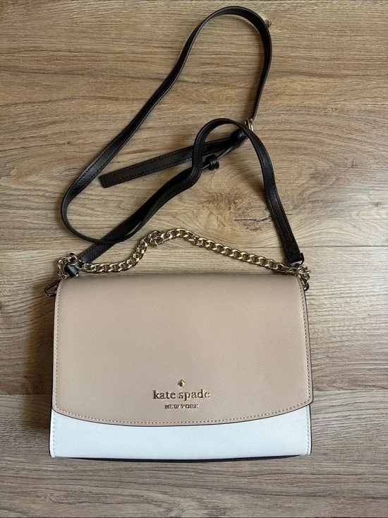 Kate Spade Beige and White Saffiano Leather Crossbody with Black Strap