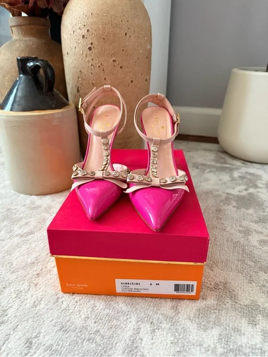 Kate Spade Pink Lydia bow Patent T-Strap Pointed Toe Heels