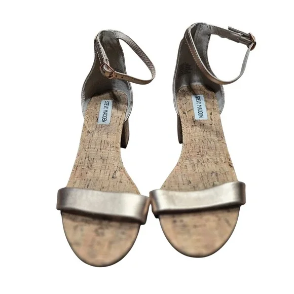 Steve Madden Irenee Rose Gold Leather Cork‎ Block Heel Sandals Womens 8.5 Resort