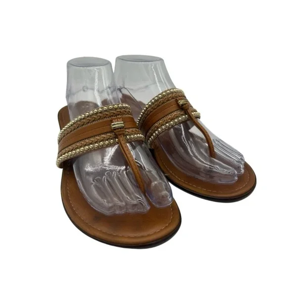 Rosanella Thong Sandals Women's Size 9 M Tan Braided‎ Leather Gold Beaded Italy