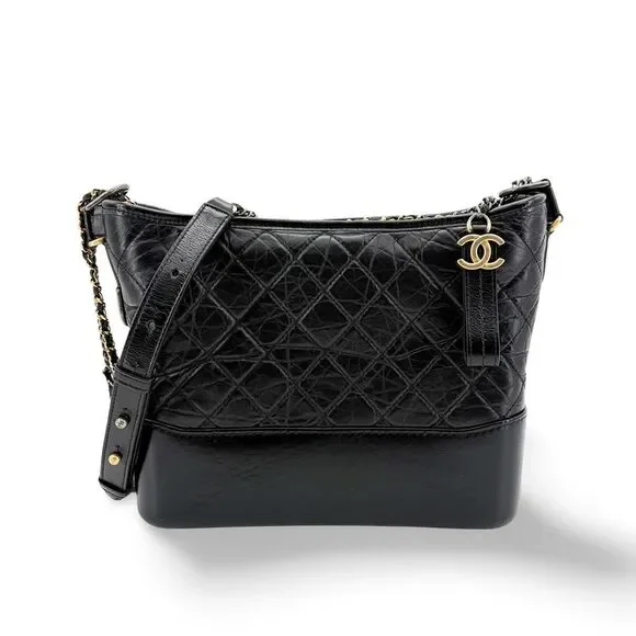 Chanel Gabrielle Medium Hobo Bag Black Vintage Calfskin Gold Hardware Silver