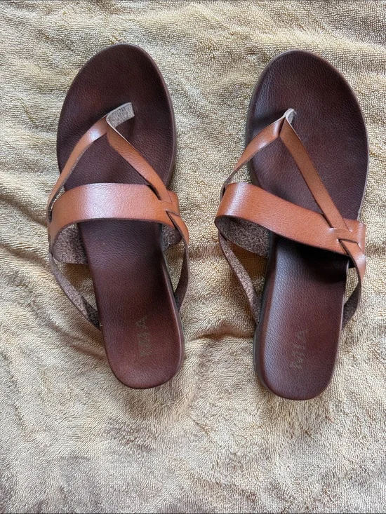 MIA Tan and Dark Brown Crossover Leather Slide Sandals