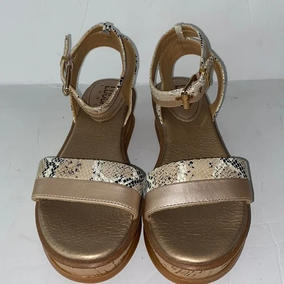 Lucca Lane Karel Leather Snake Print Platform Ankle Strap Sandals