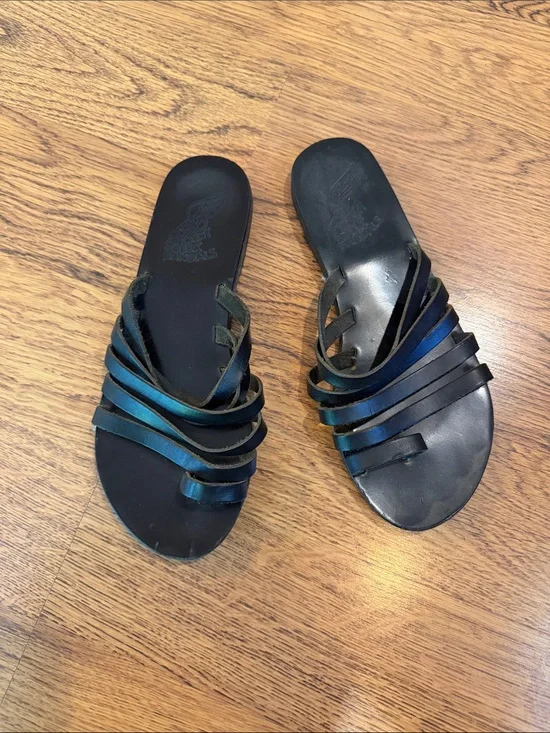 Ancient Greek sandals Women’s Strappy Slide Sandals - Black leather