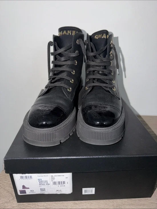 CHANEL Black High-Top Combat Boots with Gloss Toe Cap