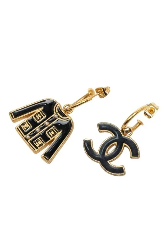 Chanel CC Logo Jacket Motif Earrings Gold Black Plated