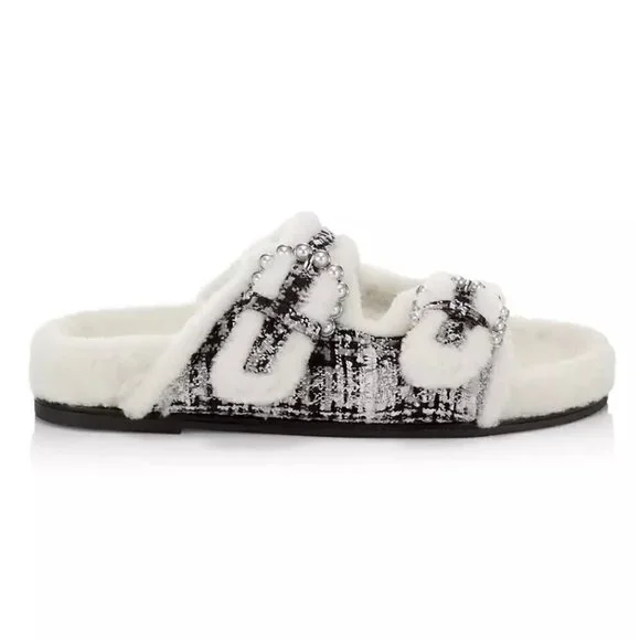 Stuart Weitzman Piper Chill Shearling Lined Tweed Pearl Slides White Black 8