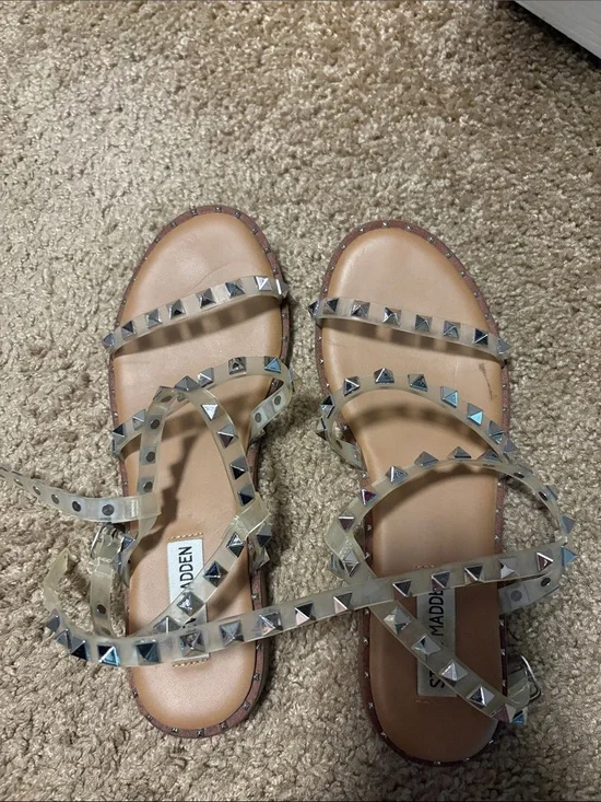 Steve Madden Clear Pyramid Stud Strappy Sandals with Nude Footbed