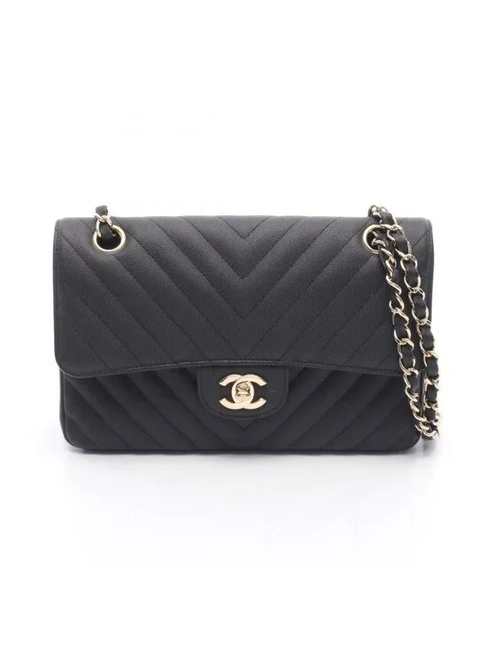 Chanel Shoulder Bag Chevron Stitch Double Flap Matte Black Caviar Leather