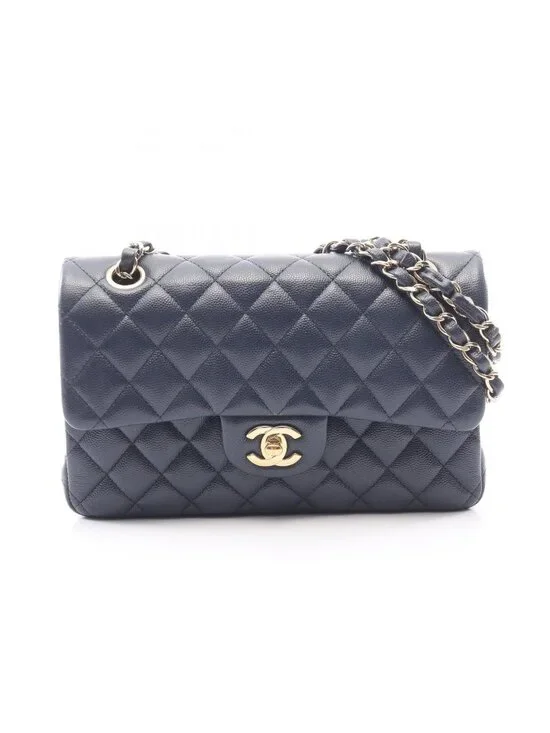 Chanel Shoulder Bag Quilted Double Flap Navy Caviar Leather Chain
