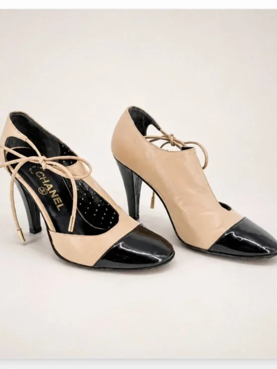 Chanel CC Two Tone Cutout Bootie Pumps Heels Beige Black Size 39 US 9