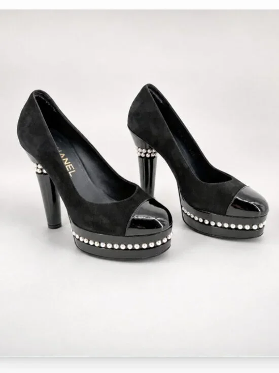 Chanel Pearl Platform Pumps Heels Cap Toe Black Suede Size 39 US 9