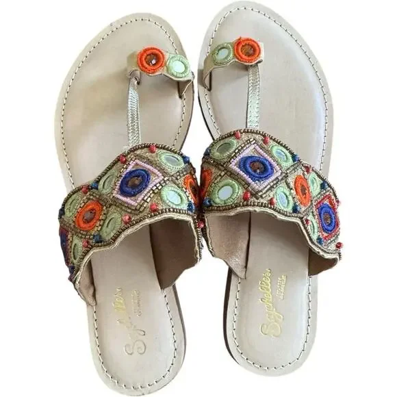 Seychelles Embroidered Beaded Gem Slip On Toe Loop Flat Sandals Women's 8.5