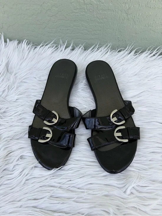 Stuart Weitzman Black Patent Double Buckle Slide Sandals